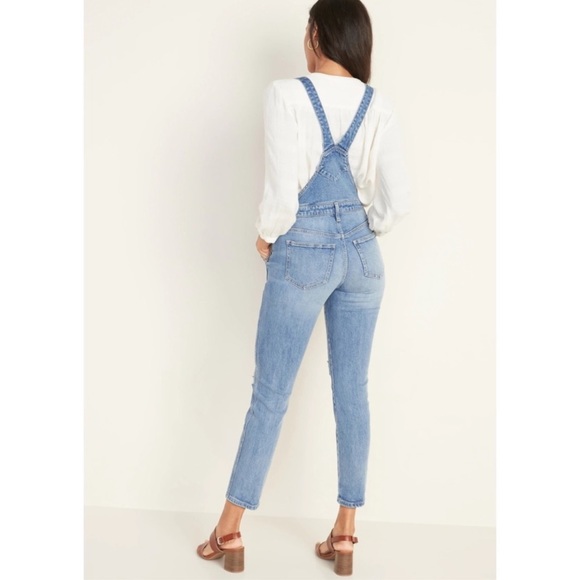 8 OLD NAVY Distressed Jean Side-Zip Overalls front fray NEW slim fit fitted 27”L - Picture 2 of 3